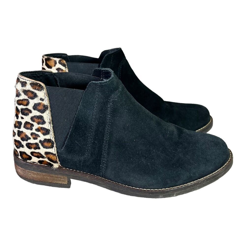 Clarks Black Suede Ankle Booties with Leopard Heel Accent